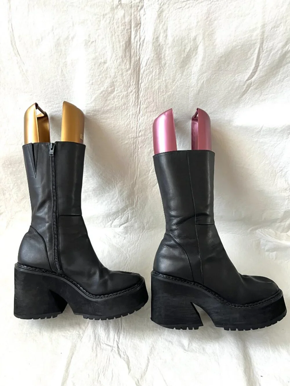 UNIF platform boots black leather womens 11 Parker chunky high heel mid calf zip